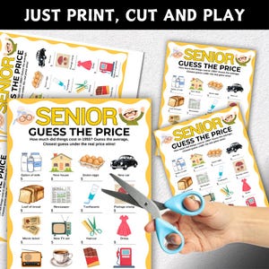 May include: A game called "Senior Guess the Price" with illustrations of items like a new car, eggs, and a dress. The game includes the text "Just Print, Cut and Play" and is designed to guess the cost of items in 1955.
