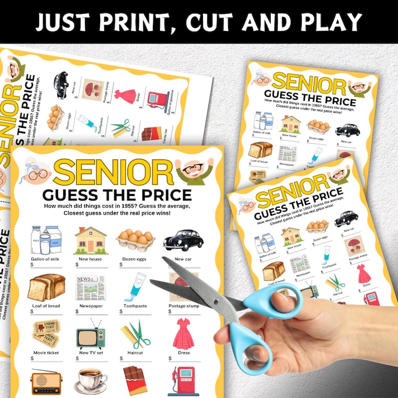 May include: A game called "Senior Guess the Price" with illustrations of items like a new car, eggs, and a dress. The game includes the text "Just Print, Cut and Play" and is designed to guess the cost of items in 1955.