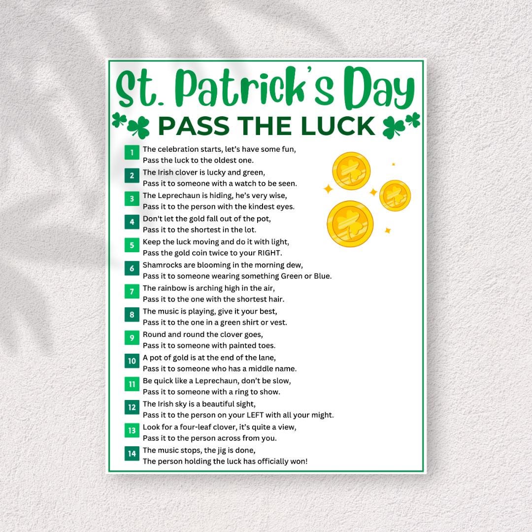 Pass the Luck Game, Fun Printable St Patrick's Day Game for Kids Adults ...