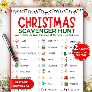 May include: A Christmas scavenger hunt printable with a red and white design. The list includes Santa, snowman, reindeer, and other holiday-themed items. The text "Christmas Scavenger Hunt" is in large red letters.