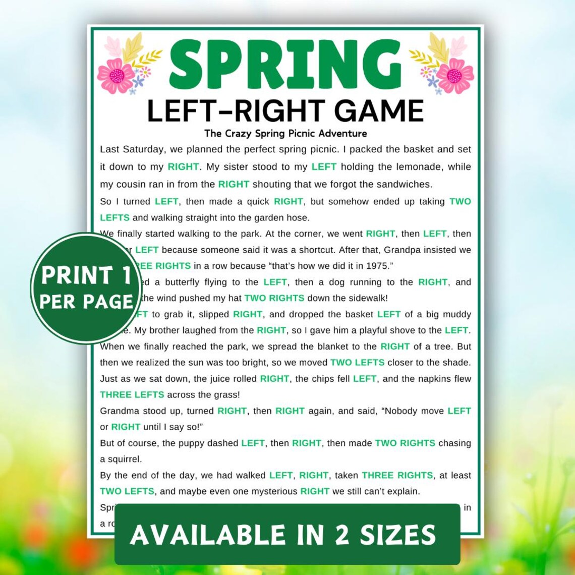 Spring Left Right Game, Spring Printable Games for Kids Teens Adults ...