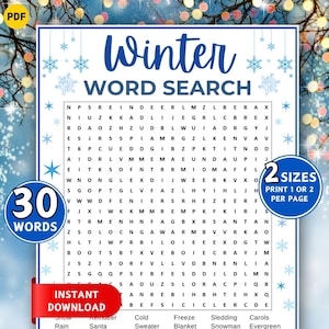 Pode incluir: Um quebra-cabeça de palavras com tema de inverno para impressão com o título "Winter Word Search" em fonte azul. O quebra-cabeça inclui 30 palavras para encontrar, com uma faixa vermelha que diz "Download instantâneo". A imagem também diz "2 tamanhos Imprimir 1 ou 2 por página".
