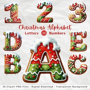 Bundle de cliparts alphabet pain d'épice de Noël, des cliparts de l'Alphabet, des lettres de biscuits de Noël PNG, des cliparts chiffres, des lettres de biscuits, des cartes
