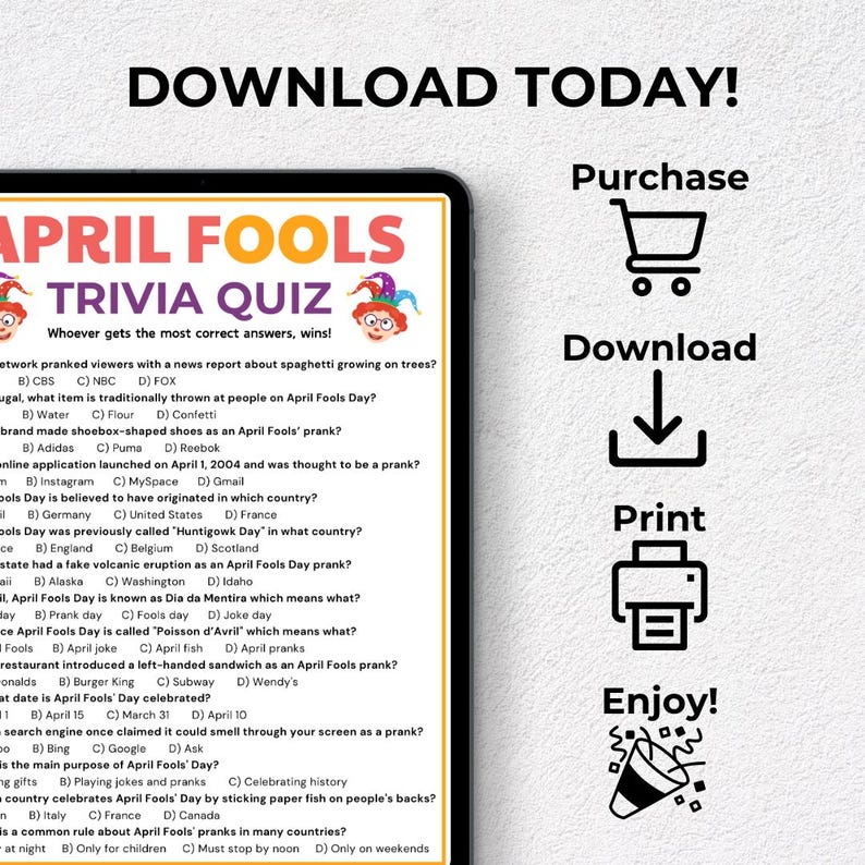 April Fools' Day Trivia Game, Printable April Fools Trivia Quiz, April ...