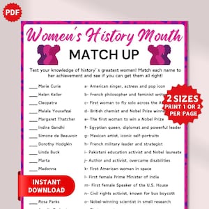 Women&#39;s History Month Match Up Game, Women&#39;s Day Games, Famous Women Quiz, March 8th Activity, Fun & Educational Printable Game for All Ages