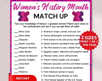 Women's History Month Match Up Game, Women's Day Games, Famous Women Quiz, March 8th Activity, Fun & Educational Printable Game for All Ages