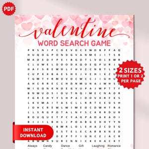 Valentine&#39;s Day Word Search Puzzle Printable, Valentine Party Game, Activity Word Game for Kids Adults, Word Find, Valentine Classroom Games