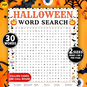 以下が含まれることがあります： 「ハロウィンワードサーチ」というタイトルのハロウィンをテーマにした単語検索パズル。パズルには30個の単語が含まれており、カボチャやコウモリが装飾要素として使用されています。画像には「Calling Cards and Call Board」というテキストも含まれています。