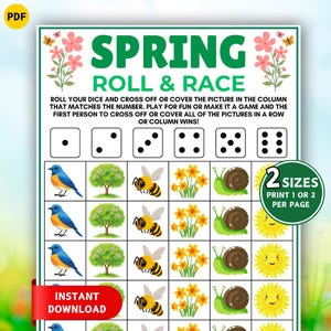 Puede incluir: Un tablero de juego imprimible con temática primaveral con el título "Spring Roll & Race" en verde. El tablero presenta dados e imágenes de pájaros, árboles, abejas, flores, caracoles y soles. El texto incluye "Descarga instantánea" y "2 tamaños".