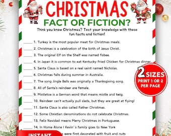 May include: A festive Christmas-themed printable game with red and green borders. The title "CHRISTMAS FACT OR FICTION?" is displayed in large, bold letters. The game includes a list of facts to test knowledge about Christmas. The words "INSTANT DOWNLOAD" are also visible.