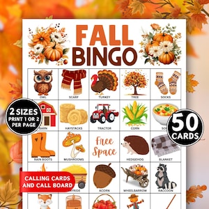 Op de afbeelding: Een kleurrijke herfstbingokaart met illustraties van herfstthema's zoals pompoenen, een uil en een kalkoen. De kaart bevat de tekst "FALL BINGO" en "50 CARDS".