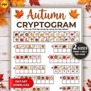 Op de afbeelding: Een herfst-cryptogrampuzzelblad met een letter-naar-icoon sleutel, genummerde woordpuzzels en een zwarte ronde badge met de tekst 2 SIZES PRINT 1 OR 2 PER PAGE. Het ontwerp bevat oranje esdoornbladeren en diverse seizoensiconen.