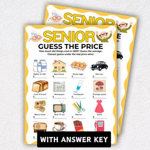 May include: Two yellow game sheets with the text "SENIOR GUESS THE PRICE" and illustrations of items like a gallon of milk, a new car, and a dress. The text "WITH ANSWER KEY" is at the bottom.