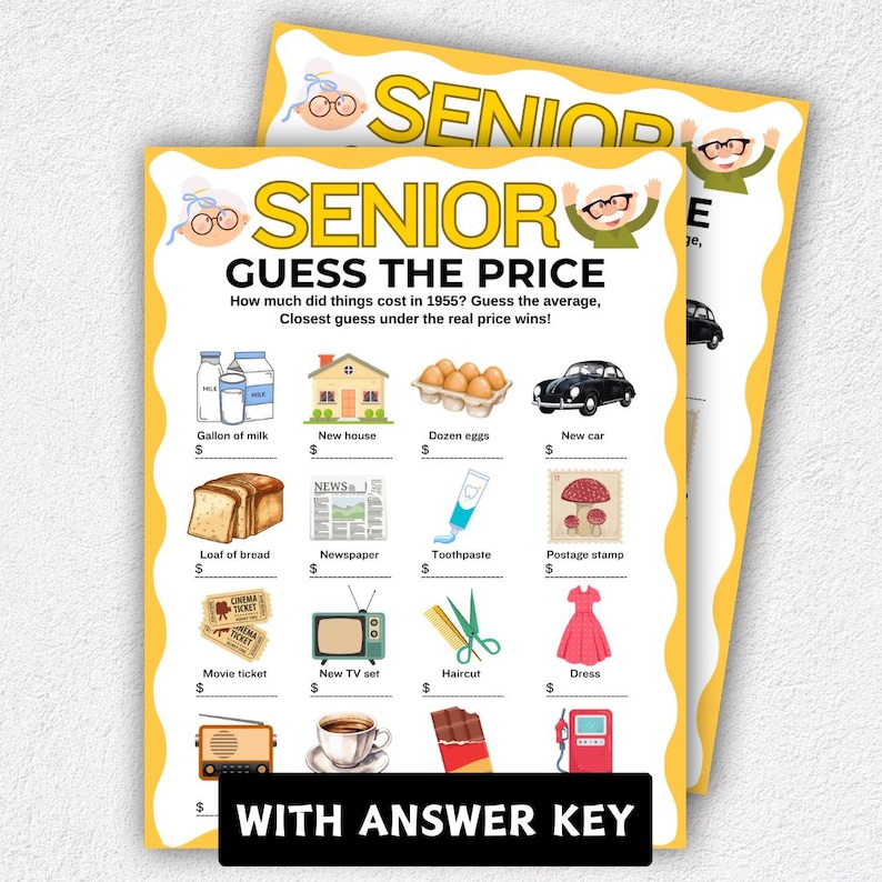 May include: Two yellow game sheets with the text "SENIOR GUESS THE PRICE" and illustrations of items like a gallon of milk, a new car, and a dress. The text "WITH ANSWER KEY" is at the bottom.