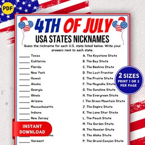 4th of July State Nickname Match Up Game, Printable 4th of July Game, Independence Day Games, US States Trivia Quiz, Fun Patriotic Game,