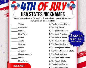 May include: A printable 4th of July game with a red, white, and blue theme. The game is titled "USA States Nicknames" and includes a list of U.S. states with blanks to fill in the nicknames. The words "Instant Download" are also visible.