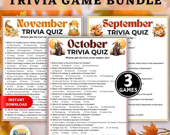 May include: A bundle of three trivia games with autumn themes. The games are titled "November Trivia Quiz", "October Trivia Quiz", and "September Trivia Quiz". Each quiz has a colorful design with fall-themed graphics and questions.