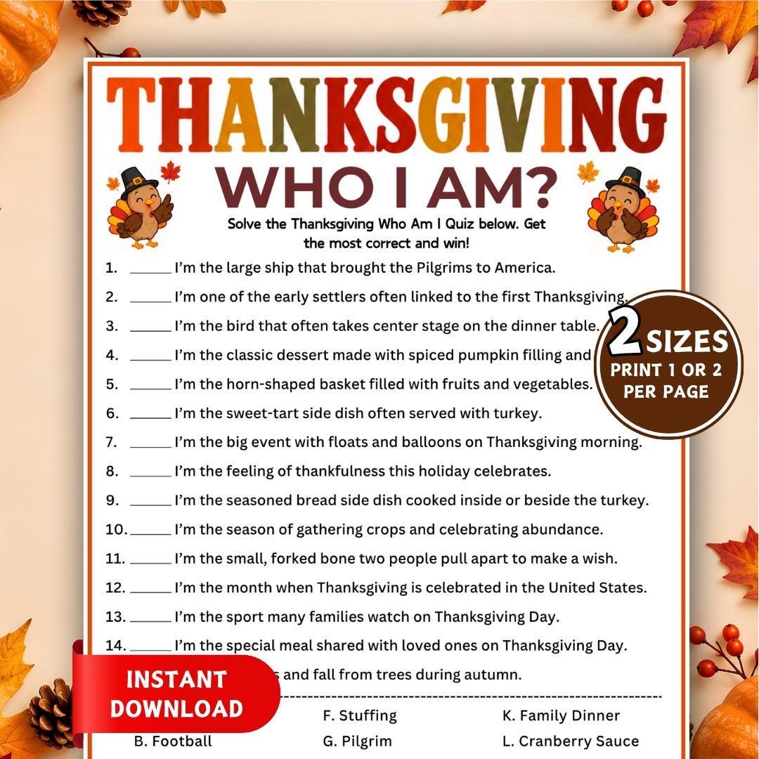 Thanksgiving Who Am I Riddles, Thanksgiving Trivia, Printable Guessing ...