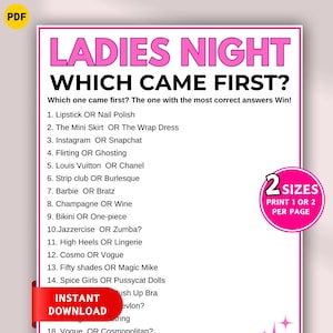 Może przedstawiać: Różowo-biała gra Ladies Night z tekstem "WHICH CAME FIRST?" i listą pytań. Gra zawiera opcje takie jak "Lipstick OR Nail Polish" i "Instagram OR Snapchat". Na obrazku widnieje również napis "INSTANT DOWNLOAD".