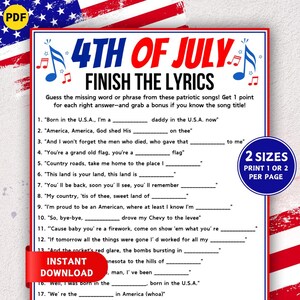 4th of July Finish the Lyrics Game, Printable 4th of July Party Games, Fun Patriotic Song Game, Patriotic Trivia Quiz, Find the Lyrics Game