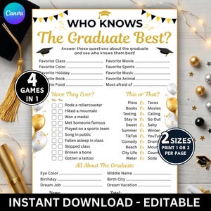 May include: A printable graduation party game titled "Who Knows The Graduate Best?" with fill-in-the-blank questions and "This or That?" options. The design includes graduation caps, gold and black accents, and the text "Instant Download - Editable."