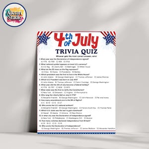 May include: A 4th of July trivia quiz poster with a patriotic theme. The design features red, white, and blue stars and stripes. The quiz includes questions about U.S. history, such as the Declaration of Independence and the U.S. national anthem.