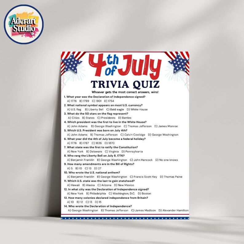 May include: A 4th of July trivia quiz poster with a patriotic theme. The design features red, white, and blue stars and stripes. The quiz includes questions about U.S. history, such as the Declaration of Independence and the U.S. national anthem.