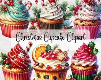 Watercolor Christmas Cupcakes Clipart Bundle, Cupcake Clipart, Christmas Cupcakes graphics, Winter Holidays, Xmas Sweets Clipart, Scrapbook