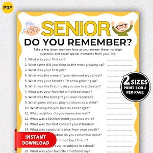 Könnte beinhalten: Ein gelbes, bedruckbares Spielblatt mit dem Titel "Senior Do You Remember?" mit Fragen zu Lebenserinnerungen. Enthält ein rotes Banner "Sofort-Download" und einen schwarz-weißen Kreis mit dem Text "2 Größen".