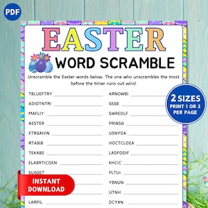以下が含まれることがあります： カラフルなイースターエッグのデザインが施された、印刷可能なイースターの単語スクランブルゲーム。このゲームには、「TBLUEFTRY」、「ADIOTNTRI」、「ARNOWBI」など、イースターに関連する15のスクランブルされた単語が含まれています。このゲームは2つのサイズで利用でき、1ページに1つまたは2つのゲームを印刷することができます。