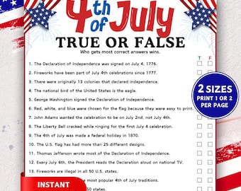 4th of July True or False Game, Printable 4th of July Game, 4th of July Trivia Quiz, True or False Questions, US trivia quiz, Patriotic Game