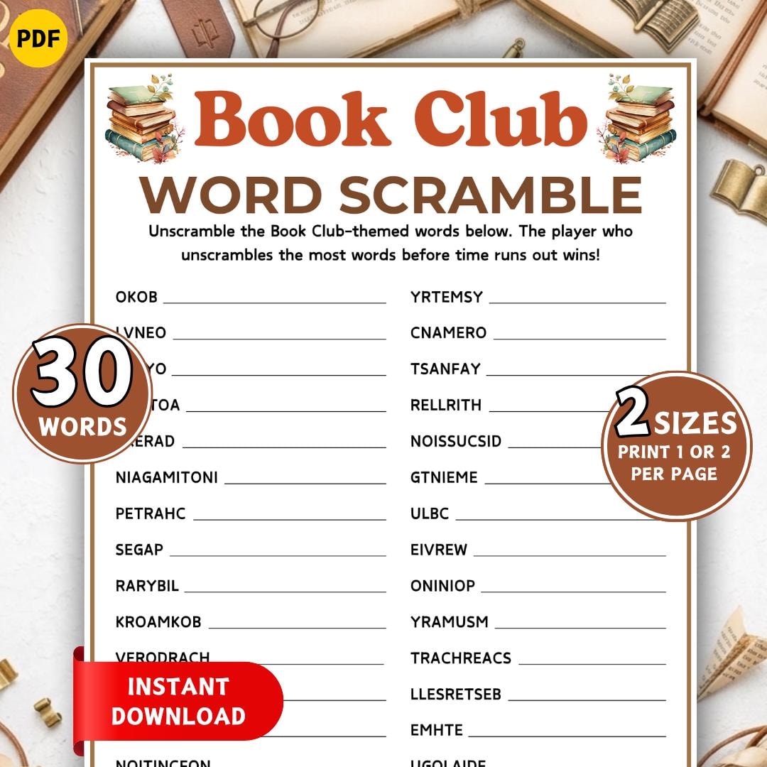Book Club Word Scramble Game, Printable Games for Book Clubs, Fun ...