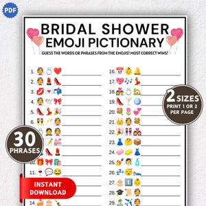 Bridal Shower Emoji Pictionary Game, Emoji Bridal Shower Game, Bridal Phrases Emoji Game, Hen Party Games, Printable Bridal Party Games