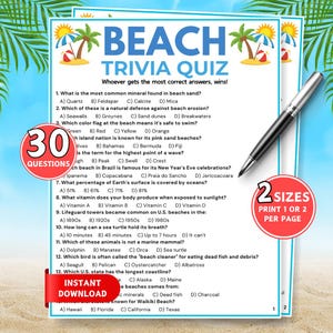 Peut inclure: Une feuille de jeu Beach Trivia Quiz avec 13 questions à choix multiples, des illustrations de palmiers et de parasols, et le texte 30 QUESTIONS et 2 SIZES PRINT 1 OR 2 PER PAGE. Un stylo noir et argent est posé sur le papier.