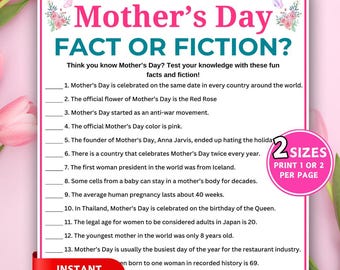 Mother's Day Fact or Fiction Game, Printable Mothers Day Party Games, Mother's Day Trivia Quiz, Classroom Game, Trivia Game for Adults Kids