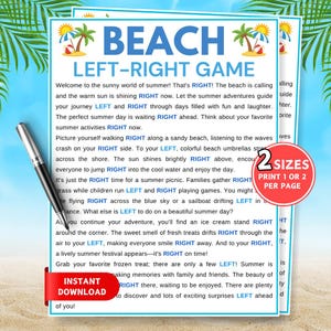 May include: A printed game sheet titled BEACH LEFT-RIGHT GAME with blue text on a white background, featuring palm tree and beach umbrella illustrations. A black pen rests on the left side. A red circular badge reads 2 SIZES PRINT 1 OR 2 PER PAGE.