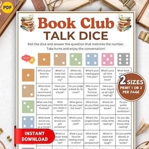 May include: A printable Book Club Talk Dice game with questions to spark conversations. The design features stacks of books, dice, and the text "Book Club Talk Dice." Includes options for printing one or two games per page. Instant download.