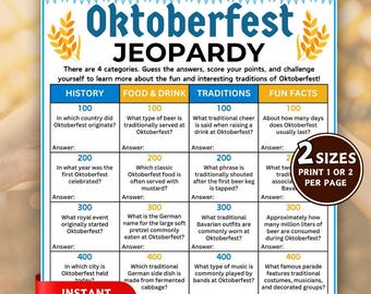 Könnte beinhalten: Ein druckbares Oktoberfest-Jeopardy-Spielblatt mit einem blau-weißen Banner, Weizengrafiken und vier Kategorien: Geschichte, Essen & Trinken, Traditionen und Wissenswertes. Das Raster enthält Punktwerte von 100 bis 500 mit Fragen.