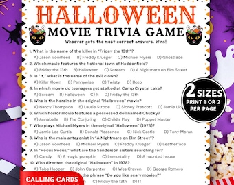 Halloween-filmtriviaspel, afdrukbare Halloween-spellen, enge filmtrivia, Halloween-triviaquiz voor volwassenen en tieners, Halloween-feestspellen