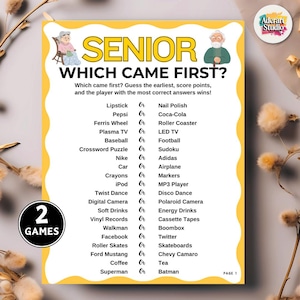 K&ouml;nnte beinhalten: Ein gelbes Spielblatt mit dem Titel "SENIOR WHICH CAME FIRST?" enth&auml;lt eine Liste von Gegenst&auml;nden, bei denen erraten werden soll, was zuerst kam. Das Blatt enth&auml;lt Illustrationen eines &auml;lteren Mannes und einer &auml;lteren Frau. Das Blatt ist mit "2 SPIELE" beschriftet.