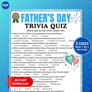 May include: A Father's Day trivia quiz in blue and white, with the text "Father's Day Trivia Quiz." The quiz includes questions about Father's Day, with options for answers. The image also includes the text "Instant Download."