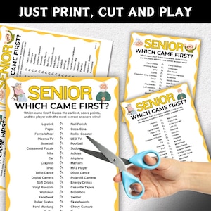K&ouml;nnte beinhalten: Ein Spiel namens "Senior: Which Came First?" wird mit gedruckten Karten und einer Schere gezeigt. Das Spiel enth&auml;lt eine Liste von Gegenst&auml;nden und Ereignissen, die die Spieler herausfordern, das fr&uuml;heste zu erraten. Das Spiel ist f&uuml;r Senioren konzipiert.