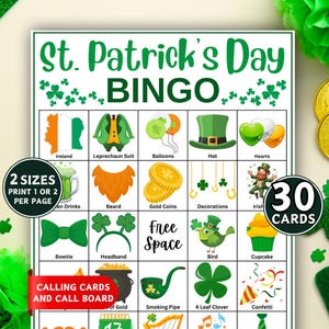 May include: A St. Patrick's Day Bingo game card with various themed illustrations, including a leprechaun suit, gold coins, and a four-leaf clover. The card features the text "St. Patrick's Day BINGO" and includes 30 cards.
