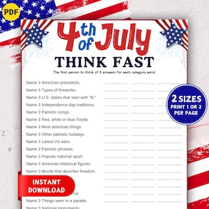 Pode incluir: Uma folha de jogo imprimível do 4 de julho com um tema vermelho, branco e azul. O jogo é intitulado "4th of July Think Fast" e inclui categorias como presidentes americanos, fogos de artifício e canções patrióticas. A folha está disponível em dois tamanhos e é um download instantâneo.