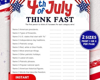 Fourth of July Think Fast Game, Think Quick Trivia Game, Patriotic Games, Memorial Day, Printable 4th of July Games for Kids & Adults