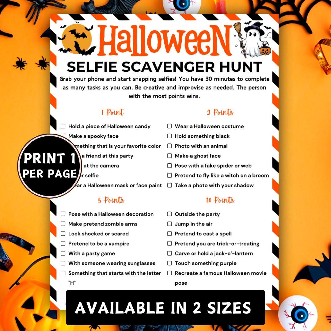 Halloween Selfie Scavenger Hunt Game, Printable Halloween Party Games ...