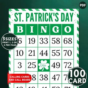 100 tarjetas de bingo del Día de San Patricio, juego de fiesta del Día de San Patricio, juego de bingo del Día de San Patricio, actividad imprimible de San Patricio para niños y adultos