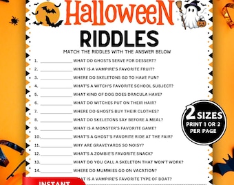 Gra z zagadkami na Halloween, Gra z zagadkami na Halloween, Gra na imprezę Halloween, Gra z żartami i zagadkami na Halloween do druku, Zabawne gry na Halloween