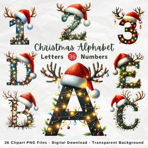 Clipart di luci dell'alfabeto natalizio ad acquerello, lettere e numeri delle feste, renne di Natale, font natalizio, lettere del cappello di Babbo Natale PNG