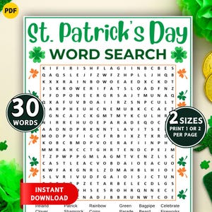 Pode incluir: Quebra-cabeça de palavras do Dia de São Patrício com 30 palavras, disponível em dois tamanhos. Apresenta trevos verdes, trevos laranja e as palavras "Download instantâneo".